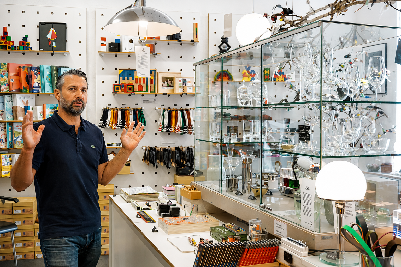 Christian Allihn im FORMOST Store – Sortimentsvielfalt Christian Allihn, Geschäftsführer von FORMOST, erklärt vor einer Glasvitrine mit Trinkgläsern und Wohnaccessoires das kuratierte Sortiment im Berliner Store.