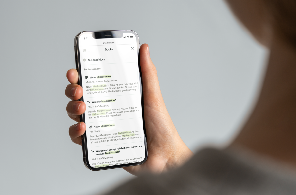 Der neue Suchservice der VG Bild-Kunst funktioniert mobil mit klaren Ergebnissen, Filtern und Suchtreffern
