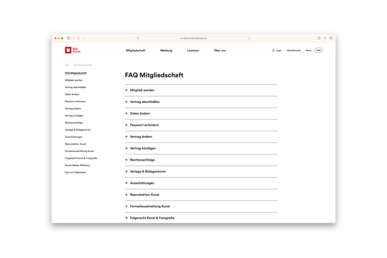 FAQ – schneller Zugang zu wichtigen Informationen FAQ-Bereich der VG Bild-Kunst mit übersichtlichen Fragen und Antworten.