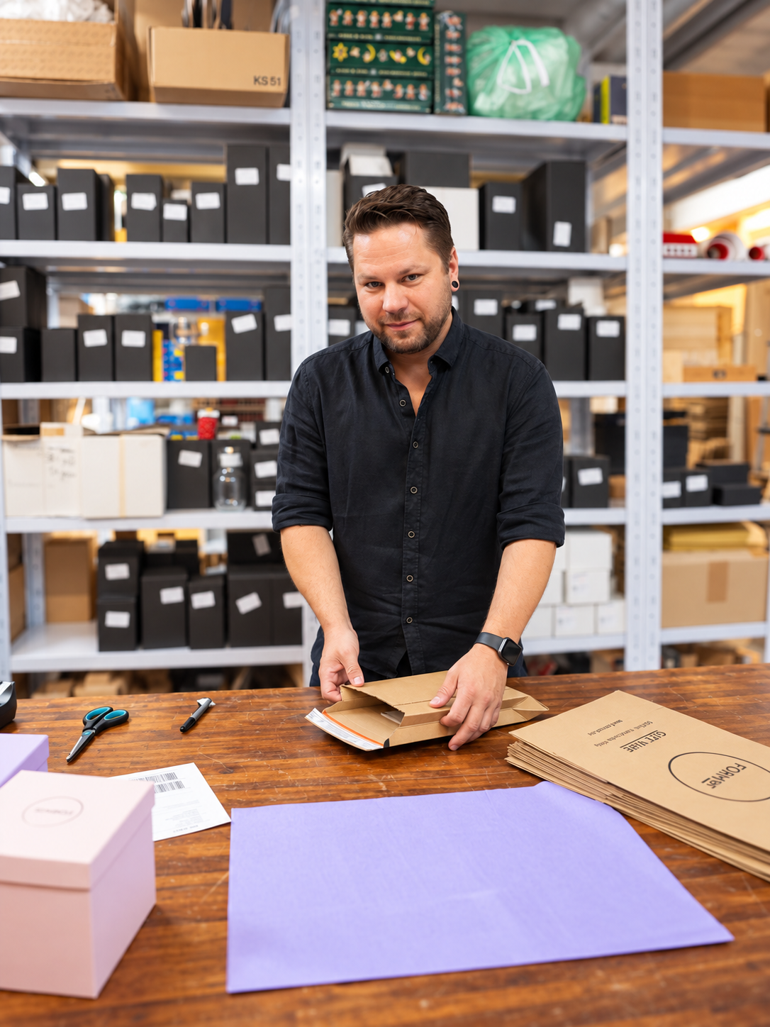 Bestellbearbeitung bei FORMOST Marcel klebt ein Versandetikett auf einen braunen Karton, daneben liegen FORMOST-Papiertüten und Geschenkboxen.