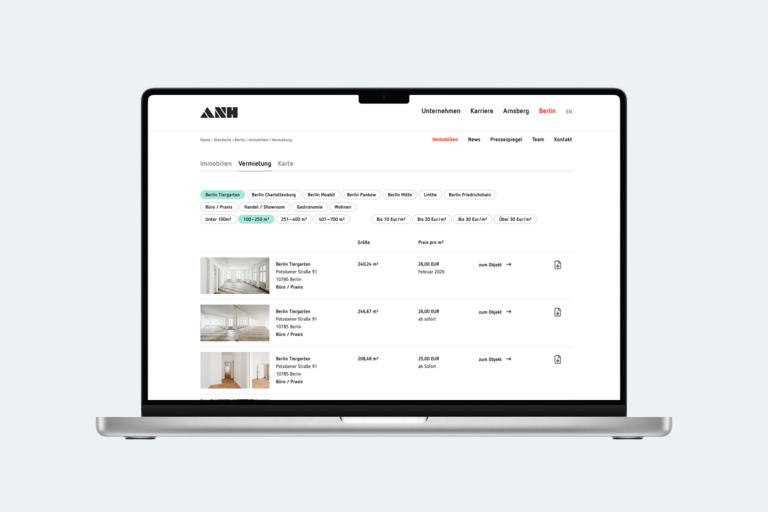 Zentrale Immobilienplattform mit filterbasierter Flächenvermarktung und automatischer Exposé-Generierung