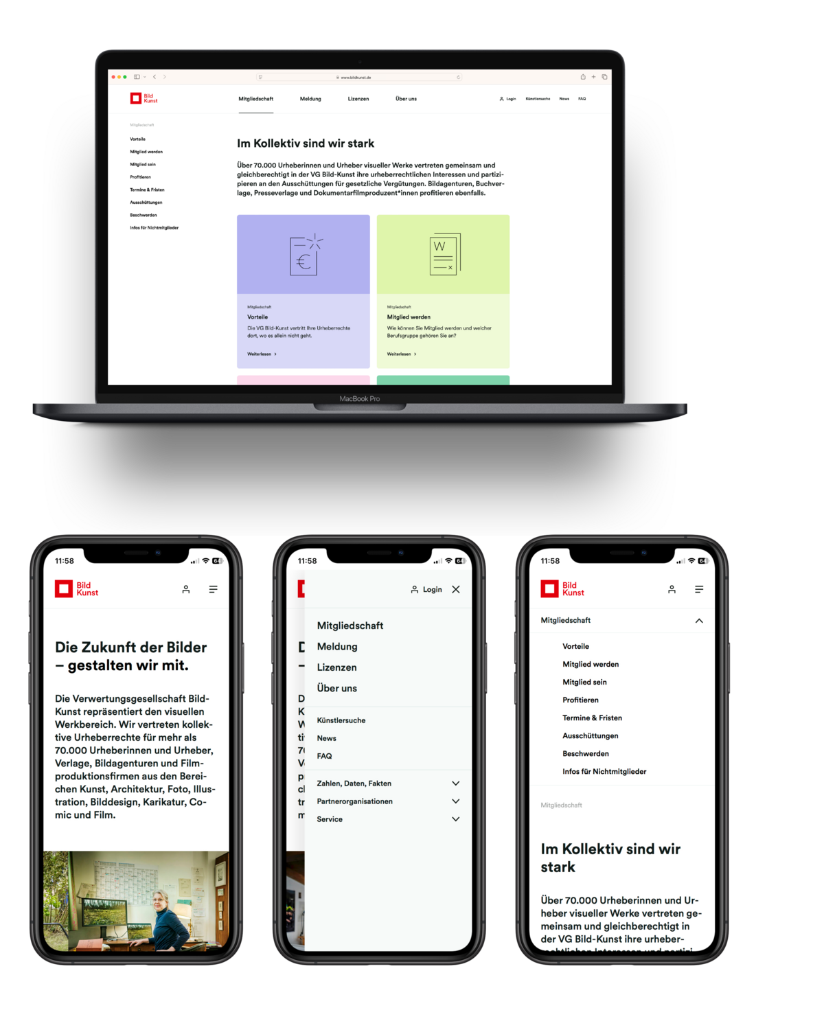 Responsive Webdesign der VG Bild-Kunst Website auf Desktop und Smartphone