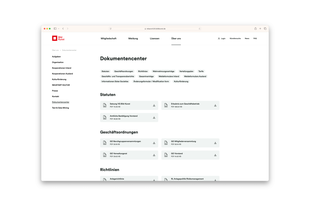 Dokumentencenter – weniger Klicks, mehr Übersicht Dokumentencenter der VG Bild-Kunst mit strukturiertem Zugriff auf Satzungen, Richtlinien und Geschäftsordnungen