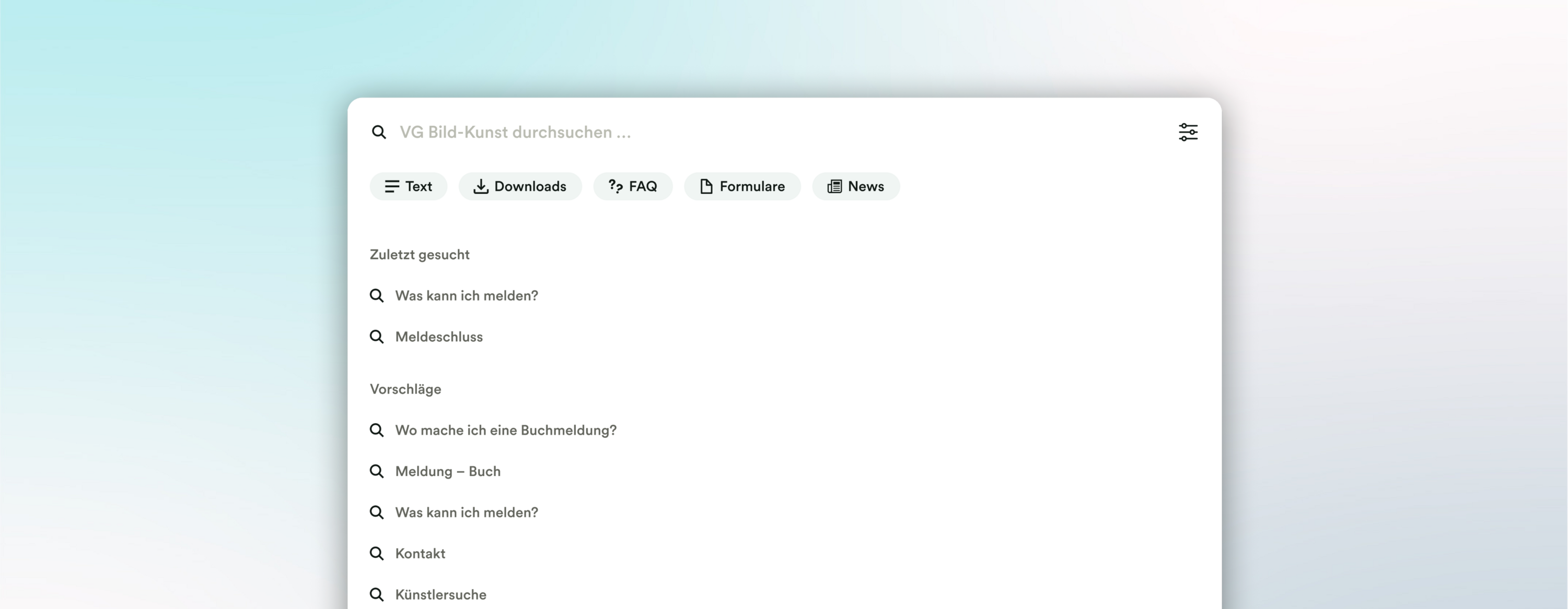 Neuer Suchservice für die VG Bild-Kunst – bessere Auffindbarkeit & Self-Service Neue Suchmaske der VG Bild-Kunst mit Filtern sowie Bereichen für häufige und zuletzt gesuchte Anfragen zur besseren Auffindbarkeit.