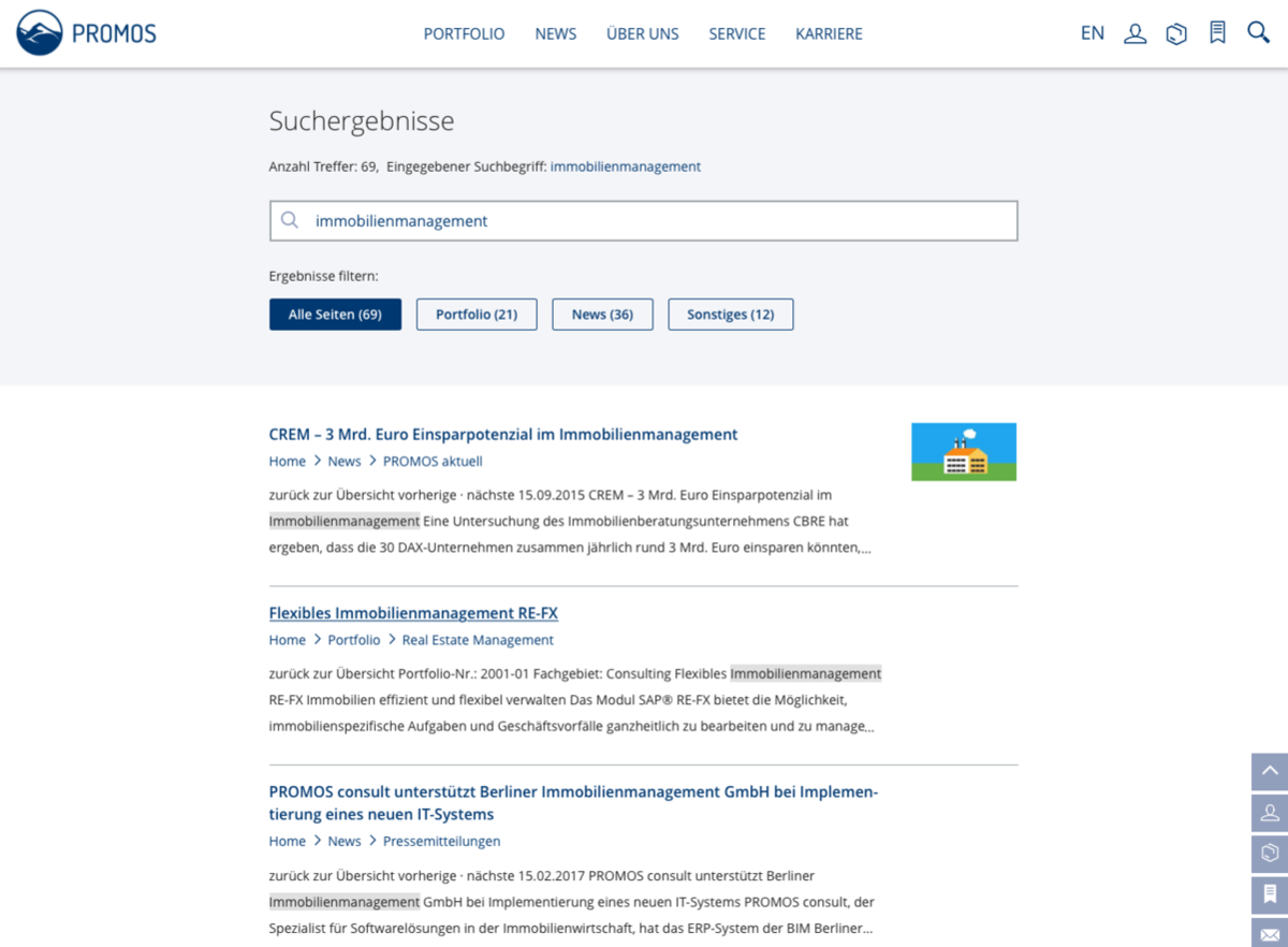 Seiteninterne Suchfunktion bei Promos