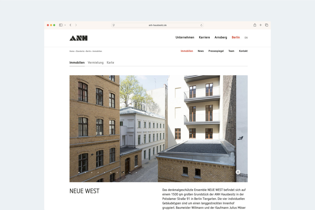 Zentrale Immobilienplattform von ANH Hausbesitz mit integrierter Standort- und Projektvermarktung am Beispiel Neue West.