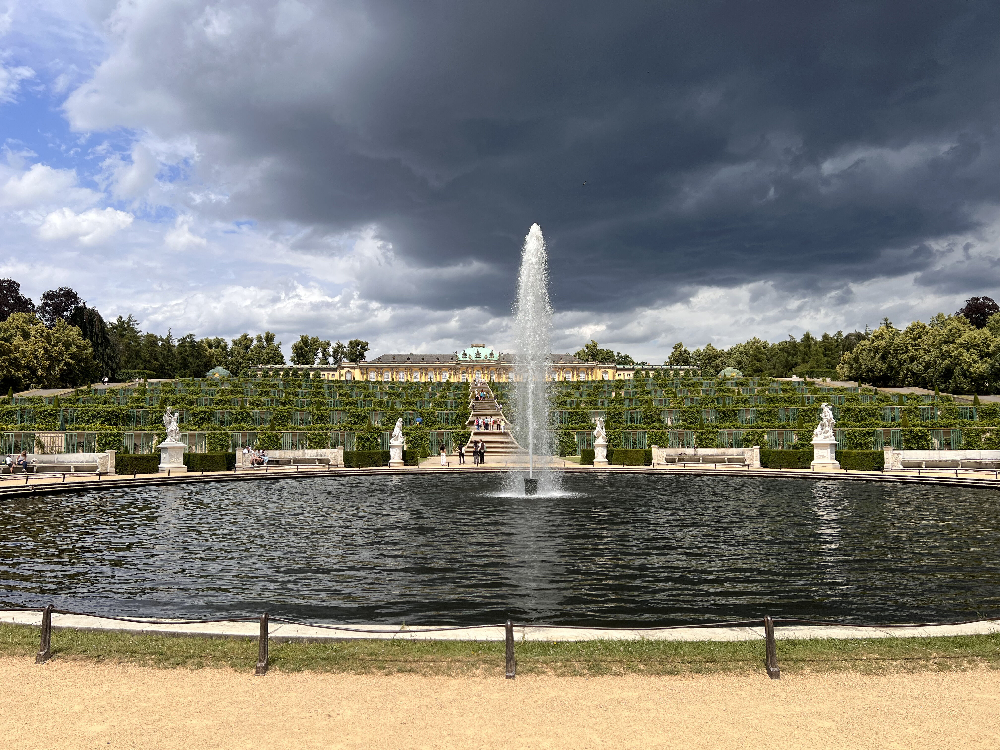 Schloss Sanssouci in Potsdam mit kaskadenförmigen Terrassen, gepflegten Gartenanlagen und einem Wasserspiel vor der Fassade des Schlosses.