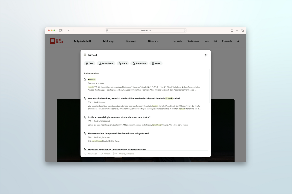 Neue Suchmaske der VG Bild-Kunst Neue Suchmaske der VG Bild-Kunst mit Filtern sowie Bereichen für häufige und zuletzt gesuchte Anfragen zur besseren Auffindbarkeit.